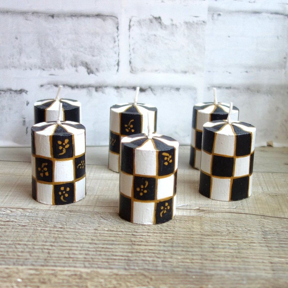 Courtly Whimsy Candle Black White Check Tall Tealight Candle Checked Votive - Picture 4 of 7